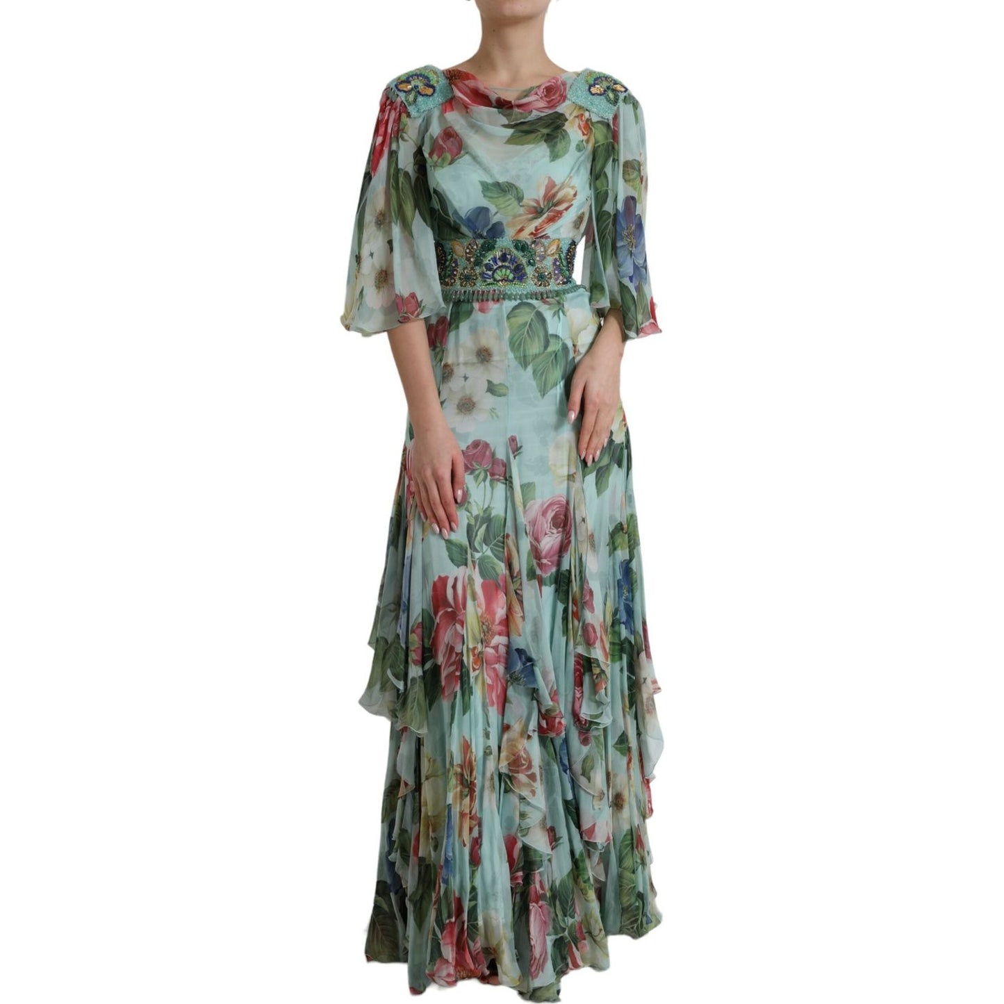 Dolce & Gabbana Blue Floral Print Tiered Long Maxi Dress