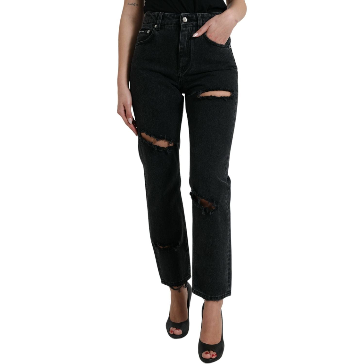 Dolce & Gabbana Black Cotton High Waist Tattered Denim Jeans