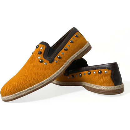 Dolce & Gabbana Orange Linen Leather Studded Loafers Shoes