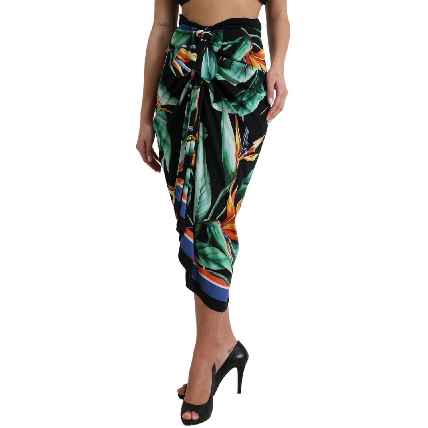 Dolce & Gabbana Black Strelitzia High Waist Wrap Midi Skirt
