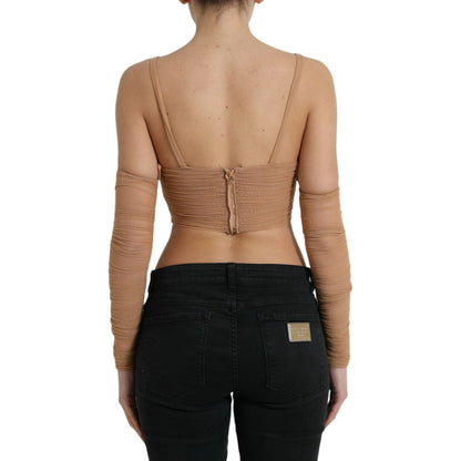 Dolce & Gabbana Brown Nylon Stretch Open Shoulder Cropped Top