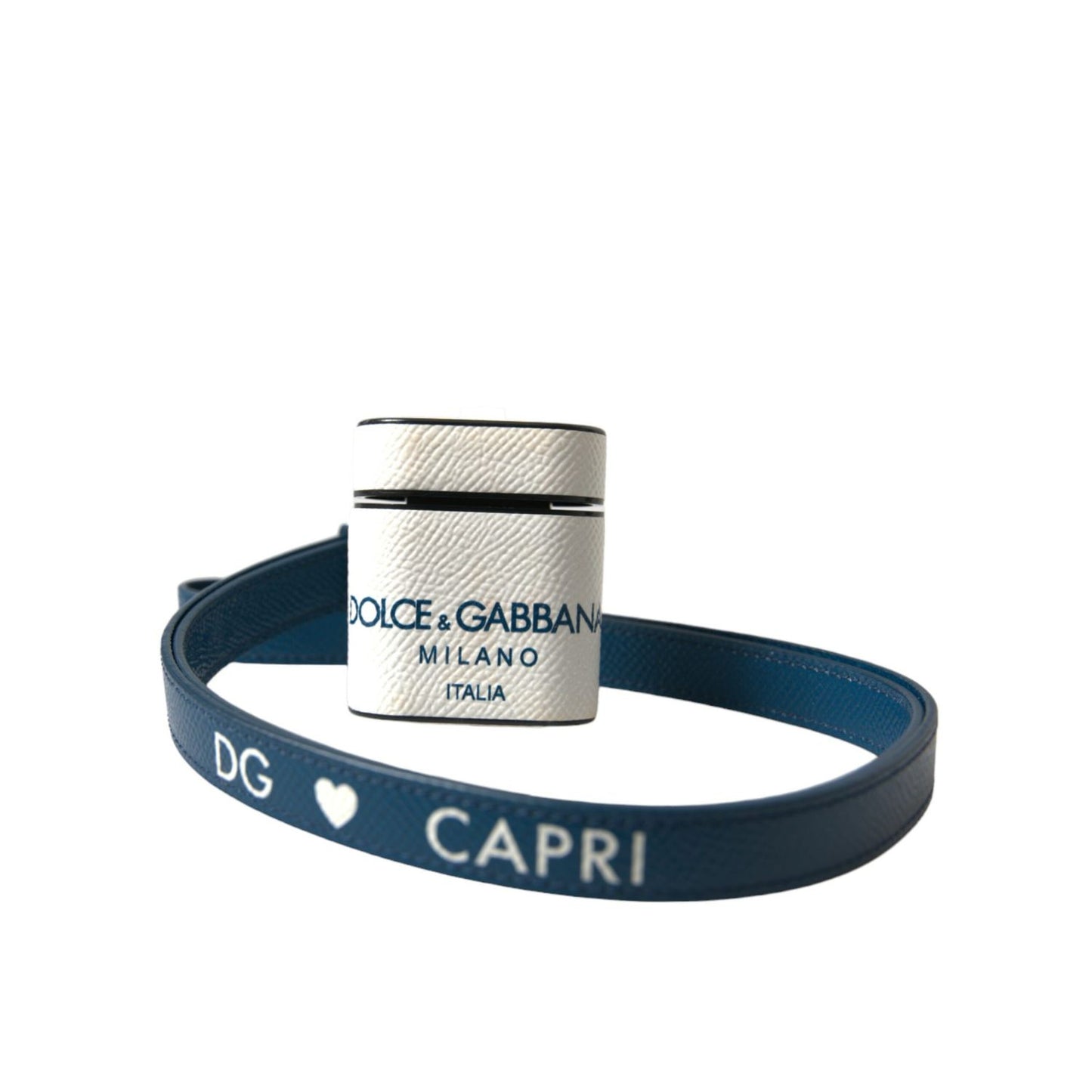 Dolce & Gabbana White Blue Calf Leather Logo Print Strap Airpods Case