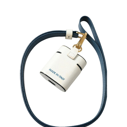 Dolce & Gabbana White Blue Calf Leather Logo Print Strap Airpods Case
