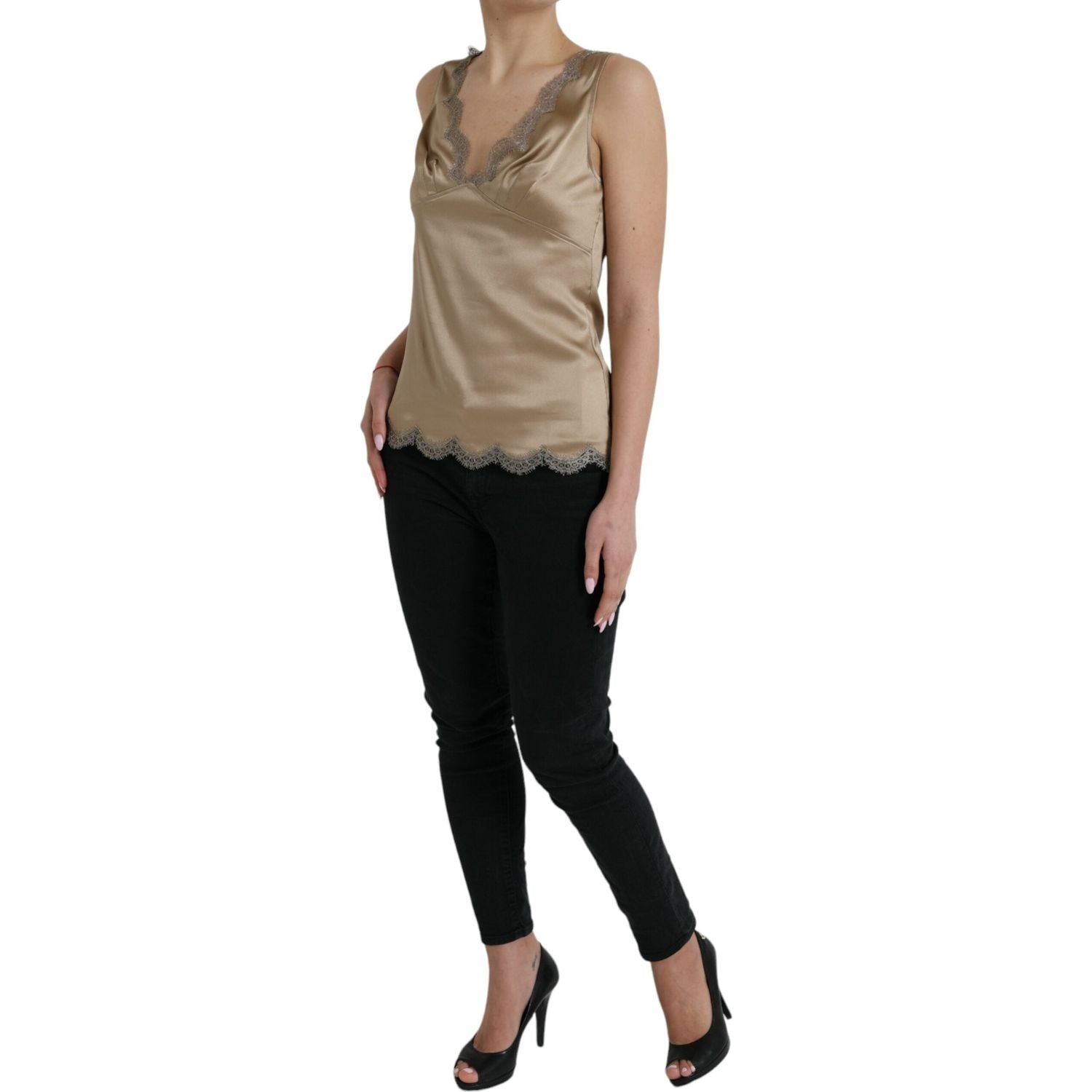 优雅 V 领无袖蕾丝边上衣