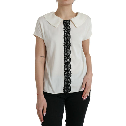 Dolce & Gabbana Off White Silk Lace Trim Short Sleeves Top TSH84840-44