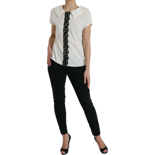 Dolce & Gabbana Off White Silk Lace Trim Short Sleeves Top TSH84840-44