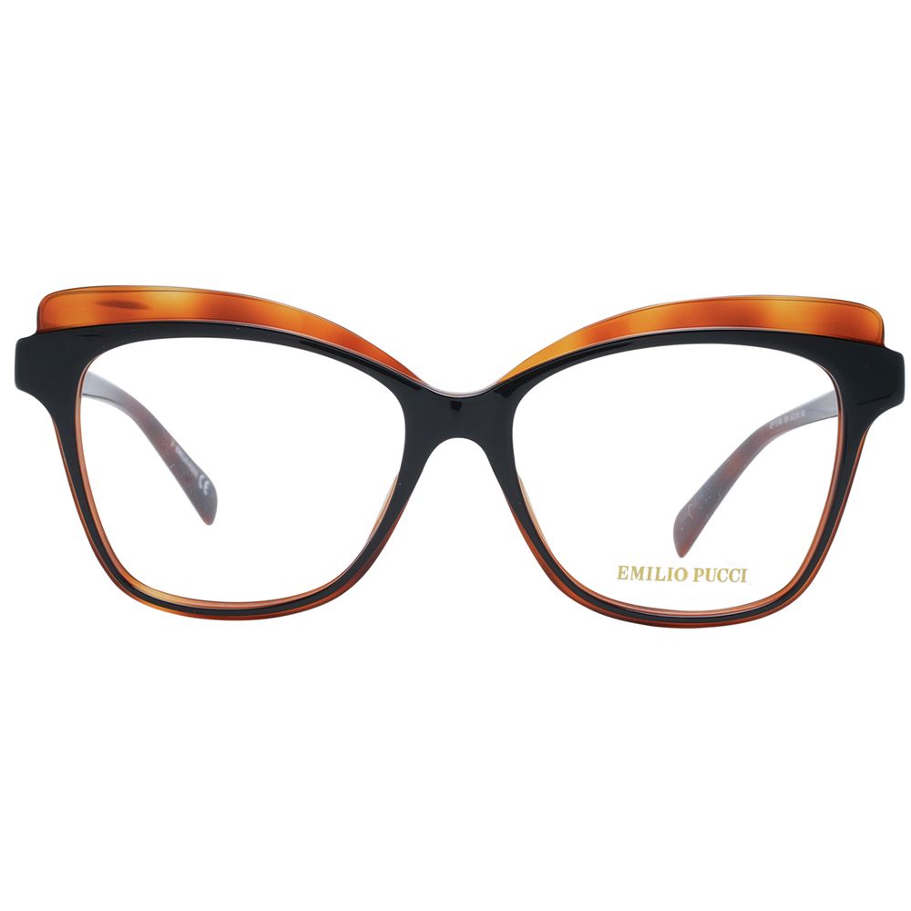 Emilio Pucci Brown Women Glasses Frame, full-rim butterfly style with demo lenses and plastic frame, includes branded case.