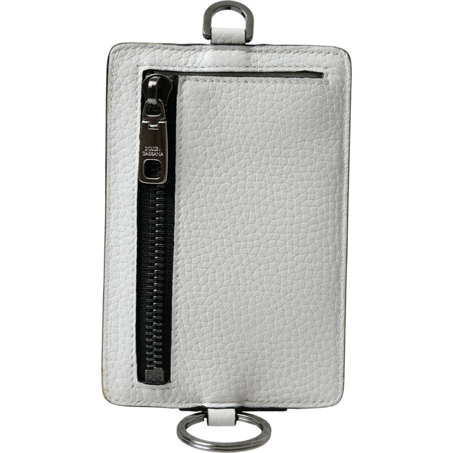 Dolce & Gabbana White Calf Leather Lanyard Logo Card Holder Wallet