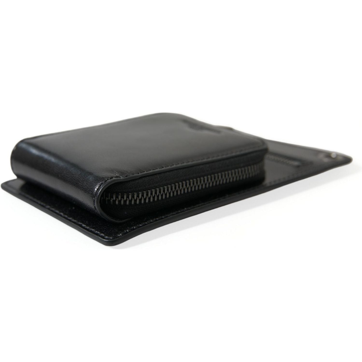 黑色小牛皮拉链徽标肩带钱包