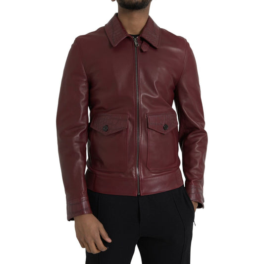 Dolce & Gabbana Maroon Exotic Leather Zip Biker Coat Jacket JKT4054-48