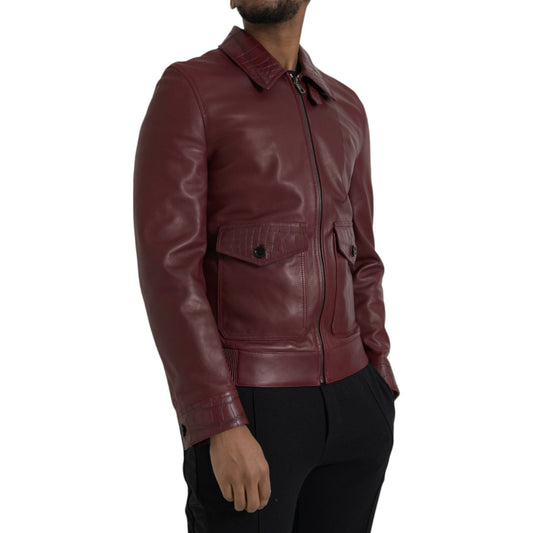 Dolce & Gabbana Maroon Exotic Leather Zip Biker Coat Jacket JKT4054-48