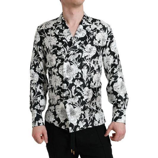 Dolce & Gabbana Black White Floral Button Down Casual Shirt TSH84697-37