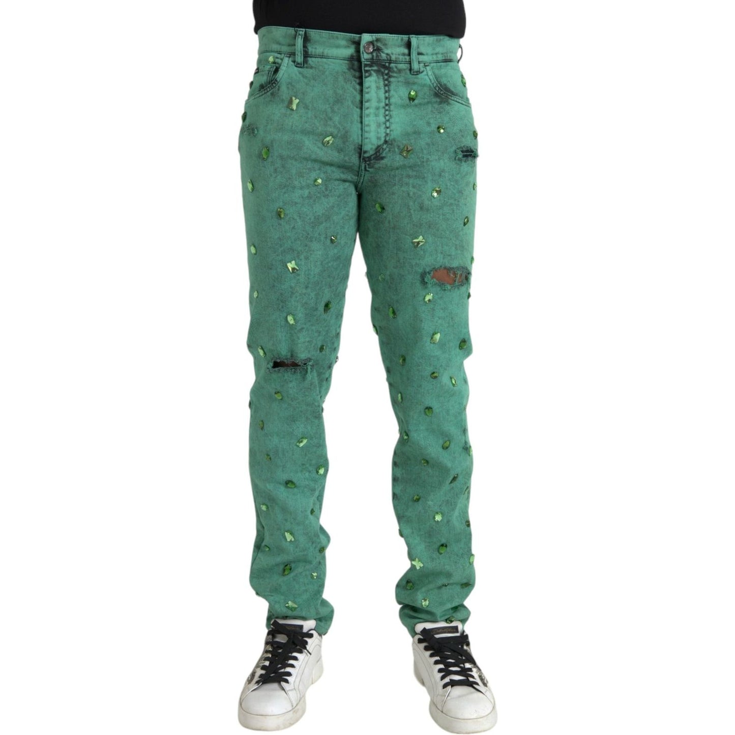 Dolce & Gabbana Green Crystals Cotton Stretch Slim Jeans PAN75301-50
