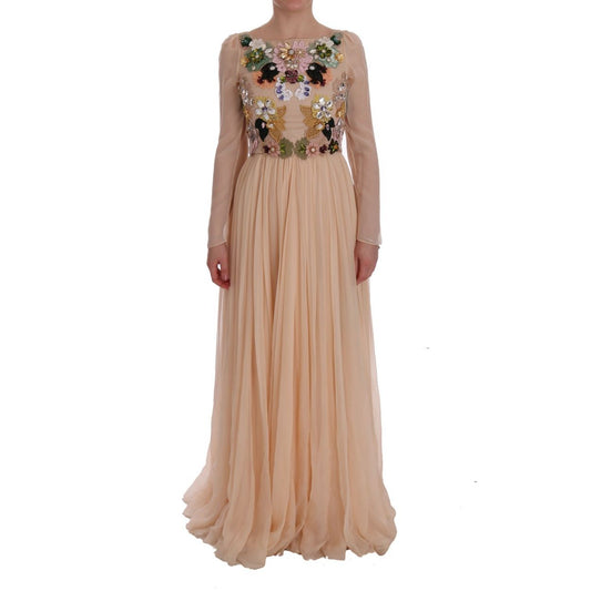 Dolce & Gabbana Pink Silk Floral Crystal Maxi Gown Dress
