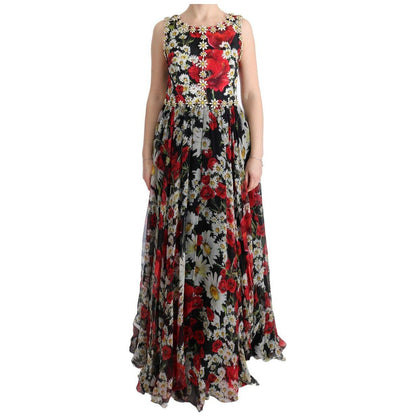 Dolce & Gabbana Multicolor Silk Floral Crystal Long Maxi Dress