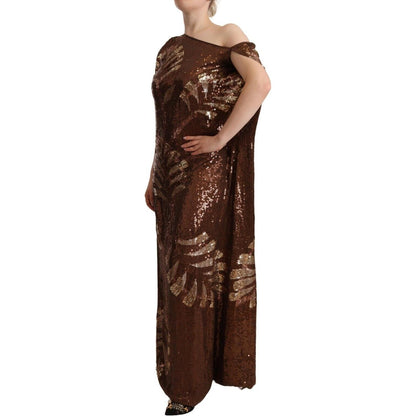 Dsquared² Brown Leaf Sequined Shift One Shoulder Long Dress