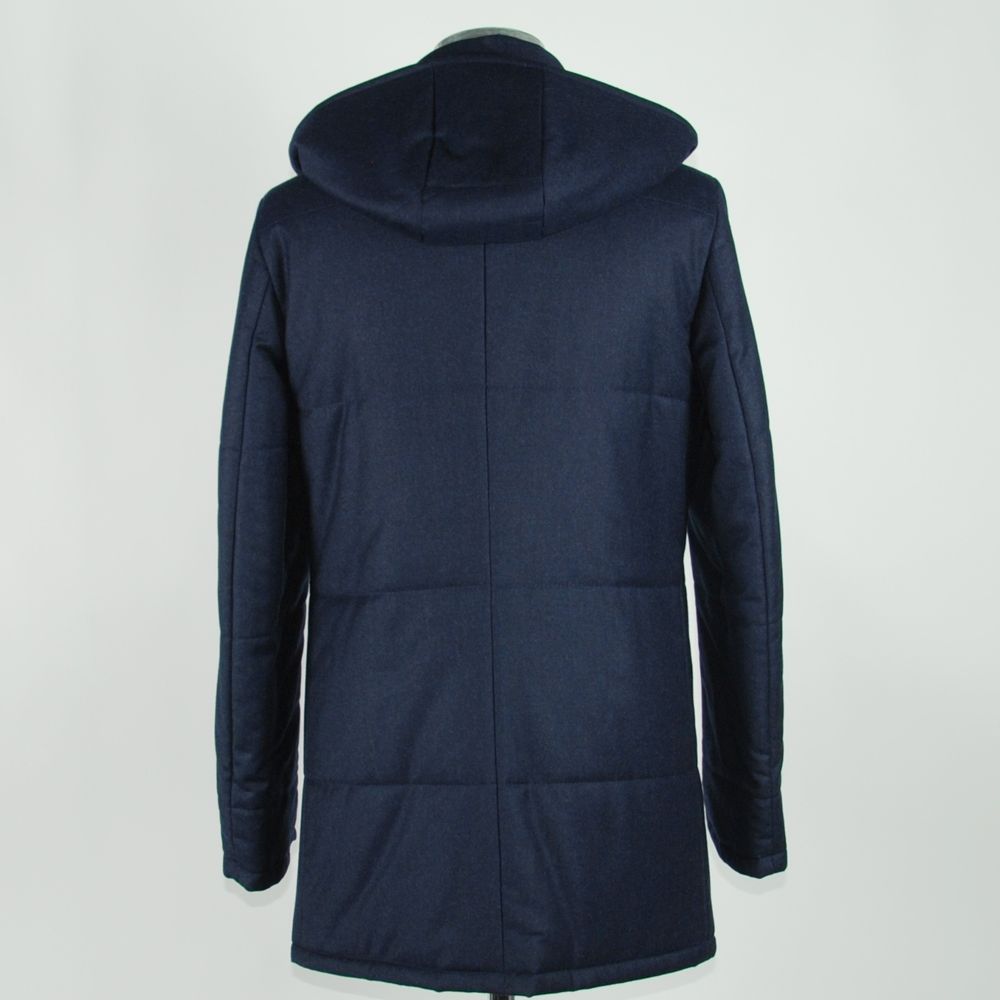 Rear view of Made in Italy Blue Wool Men's Jacket showcasing sleek design and hood