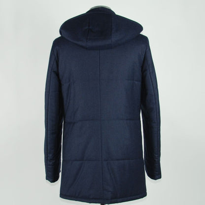 Rear view of Made in Italy Blue Wool Men's Jacket showcasing sleek design and hood