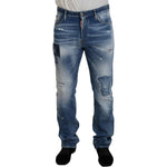 Dsquared² Blue Washed Tattered Straight Fit Casual Denim Jeans PAN74375-48