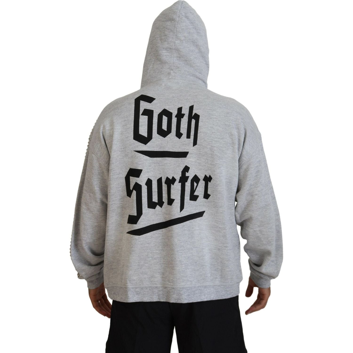 灰色连帽印花水晶装饰毛衣