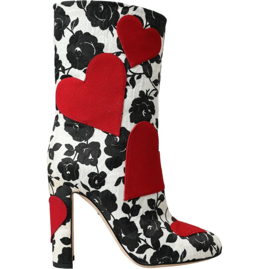 Dolce & Gabbana White Floral Hearts Leather High Boots Shoes Dolce & Gabbana Black
