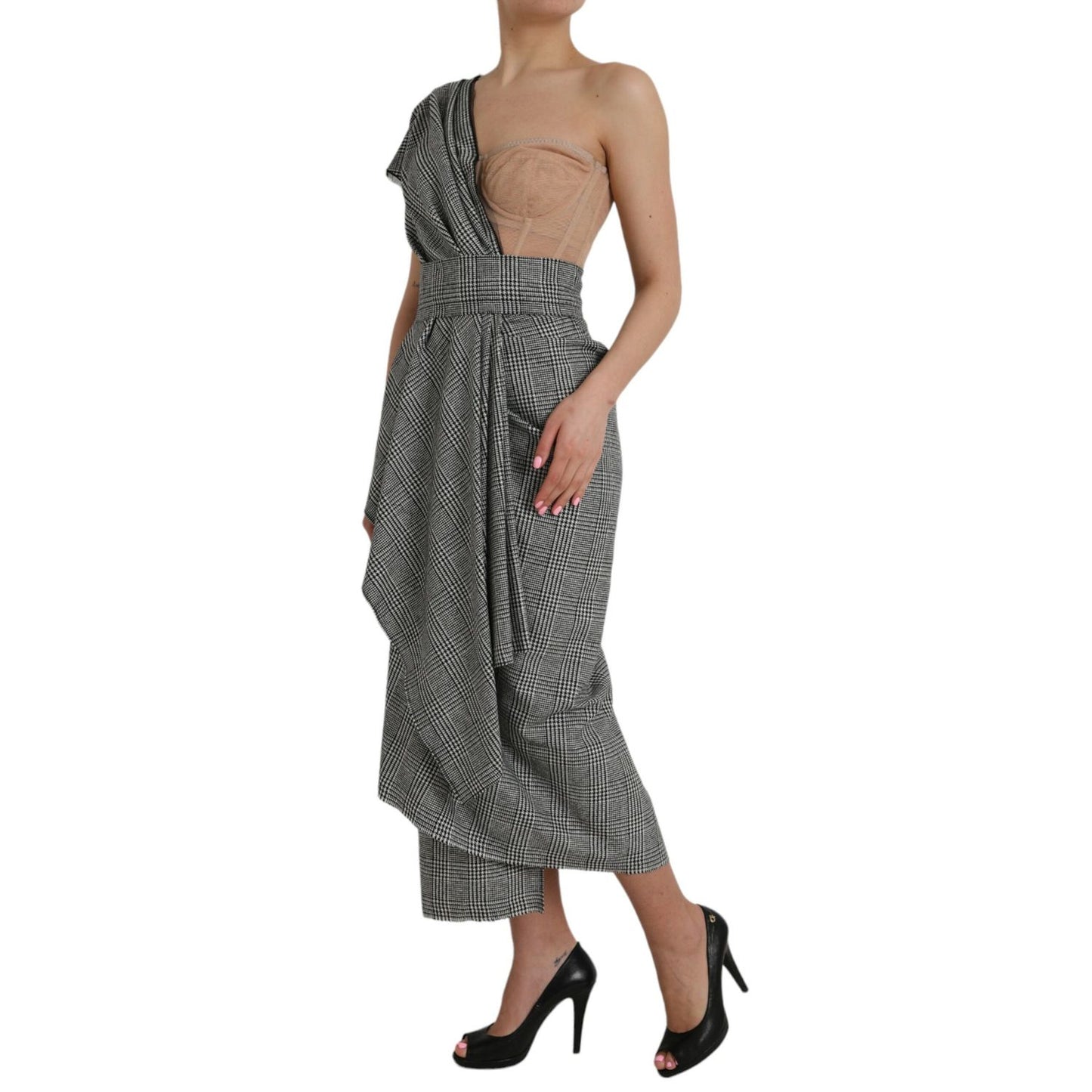 Dolce & Gabbana Gray Beige Layered One Shoulder Maxi Dress
