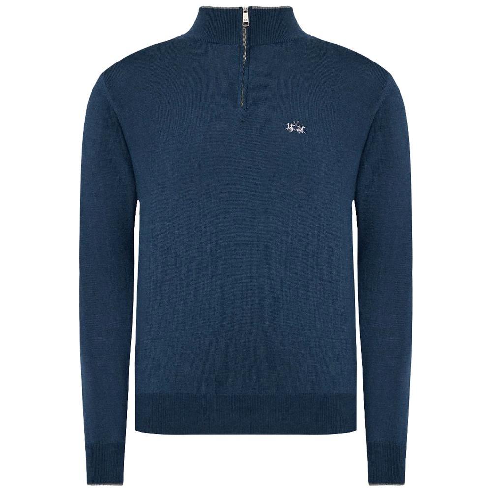 La Martina Blue Wool Men Sweater with Half Zip Closure
