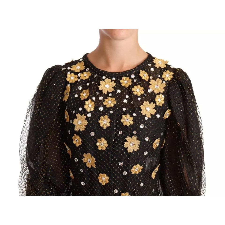 Dolce & Gabbana Black Crystal Floral Maxi Ball Gown Dress