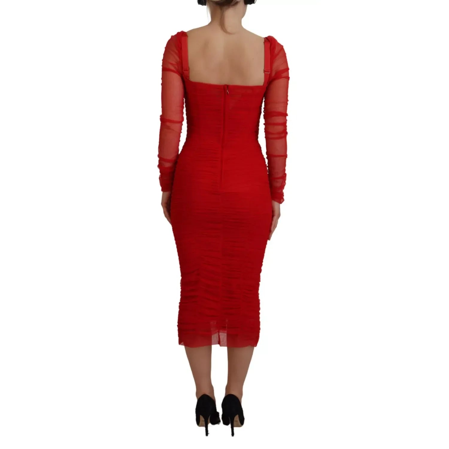 Dolce & Gabbana Red Mesh Trim Bodycon Sheath Midi Dress