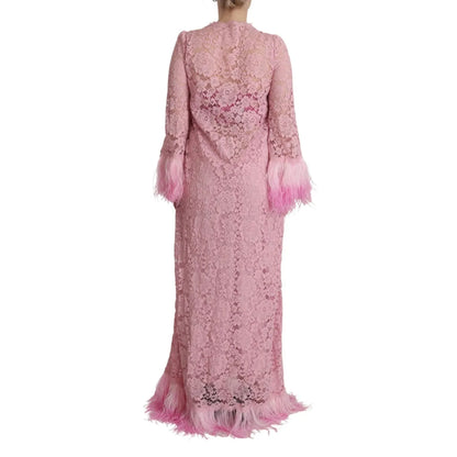 Dolce & Gabbana Shift Lilac Lace Feathers Long Sleeves Dress