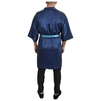 Dolce & Gabbana Blue Satin Silk Waist Belt Robe Jacket