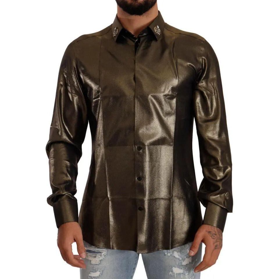 Dolce & Gabbana Metallic Gold DG Embroidered Crown Silk Top Shirt TSH7139-41