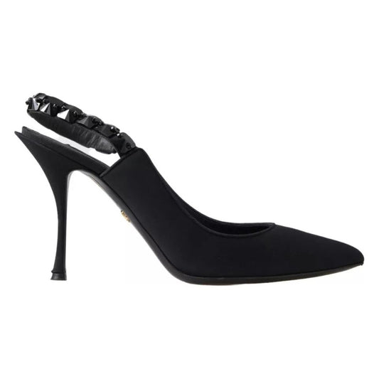 Dolce & Gabbana Black Embellished Charmeuse Slingback Heels Shoes Dolce & Gabbana Black