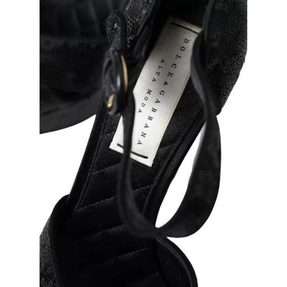 Dolce & Gabbana Black Sequin Ankle Strap Heels Sandals Shoes