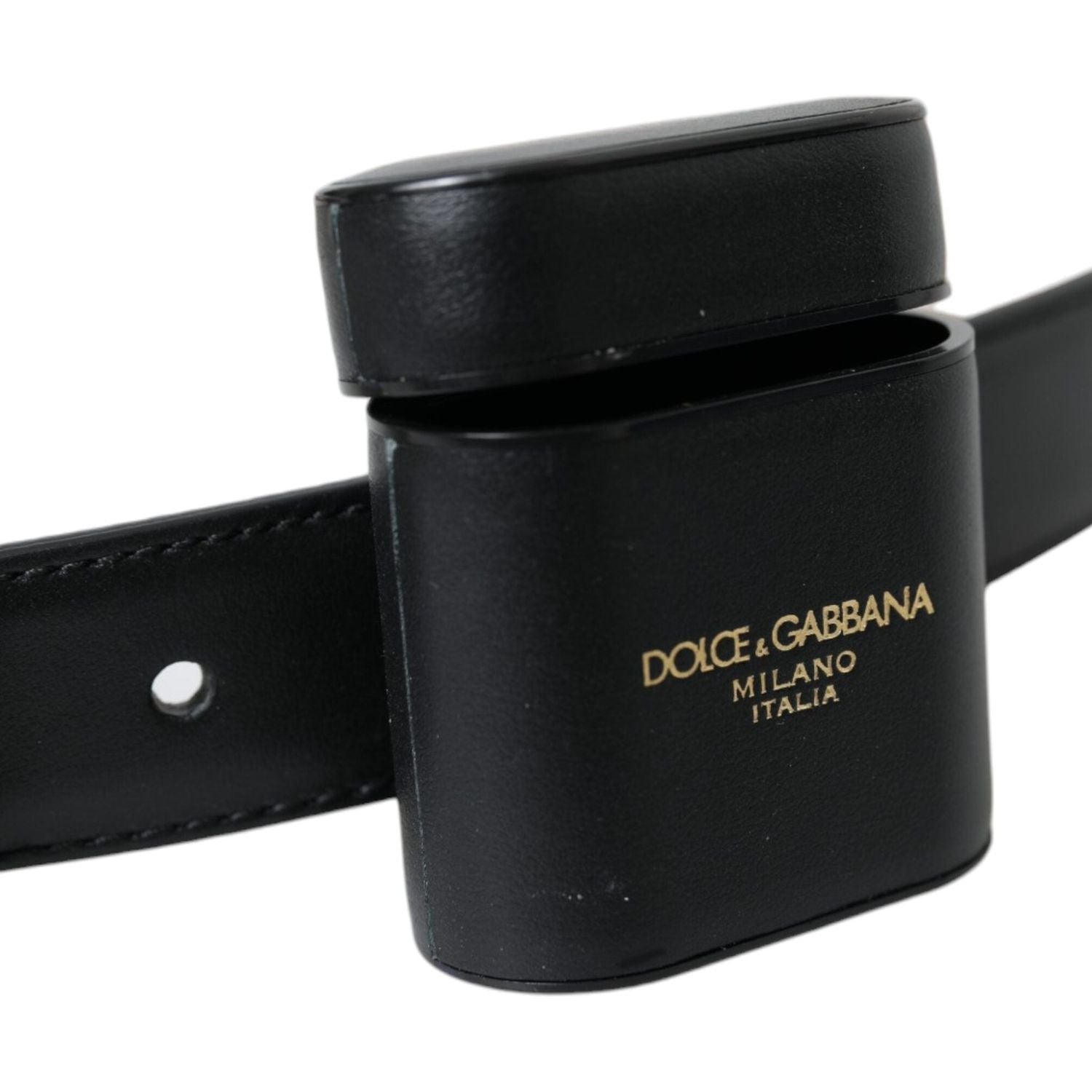 Dolce & Gabbana Black Leather Airpods Case Silver Buckle Belt