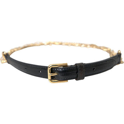 Dolce & Gabbana Black Leather Gold Chain Crystal Waist Women Belt