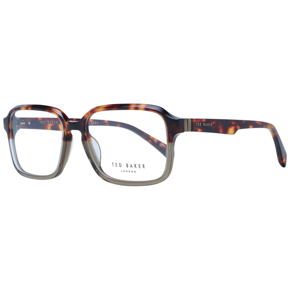 Ted Baker Brown Men Glasses Frame in acetate, full-rim style with demo lenses, rectangle shape, 55-17-140 size, includes branded case.