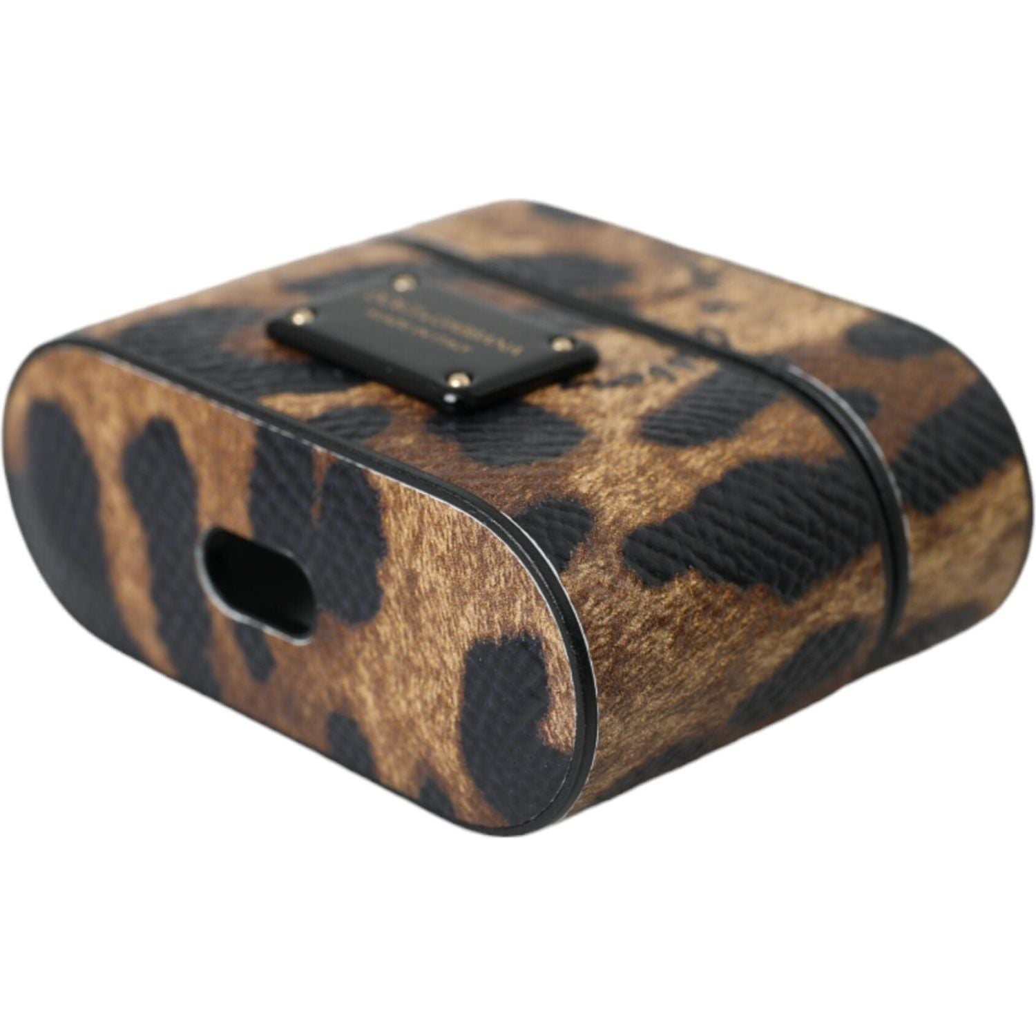 حافظة سماعات Airpods من Dolce &amp; Gabbana مصنوعة من جلد العجل باللون البني مع لوحة معدنية بشعار