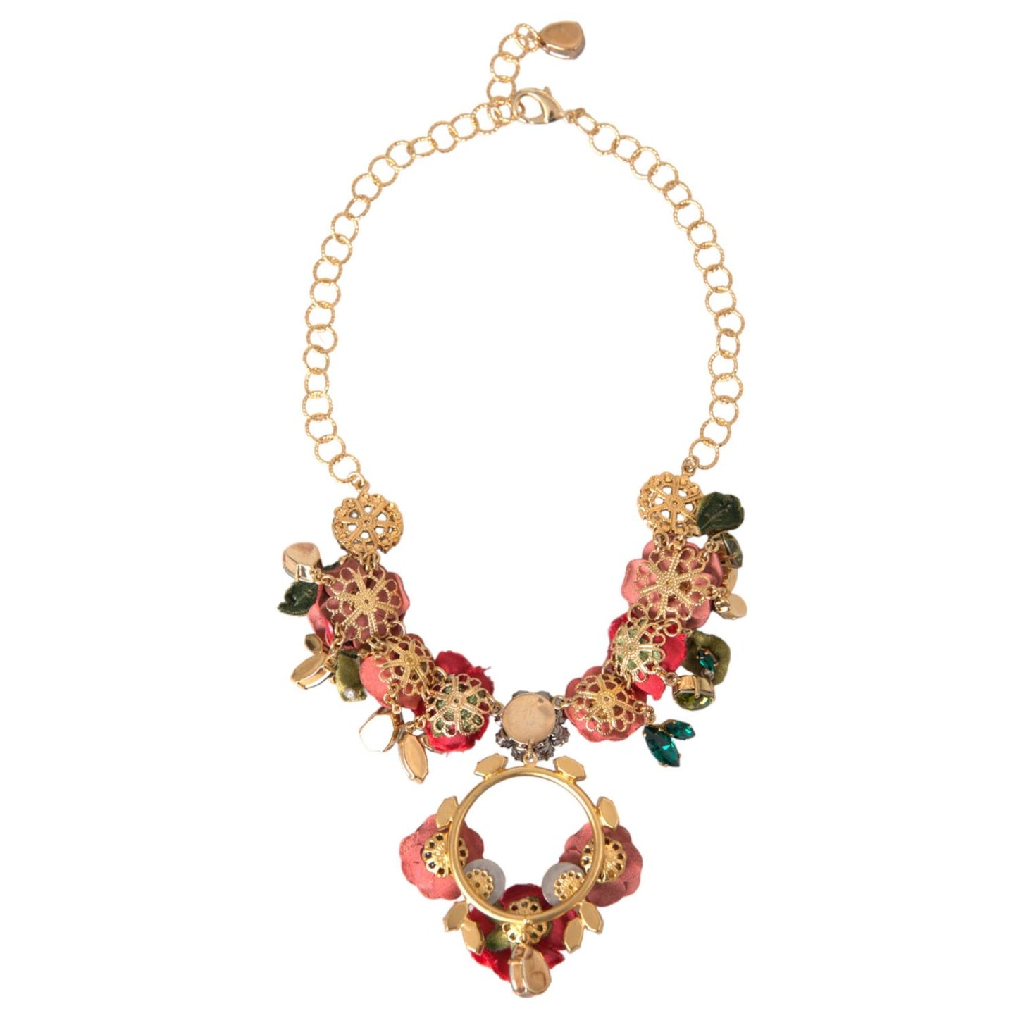 Dolce & Gabbana Gold Brass Link Chain RosePetal Crystal Pendant Necklace