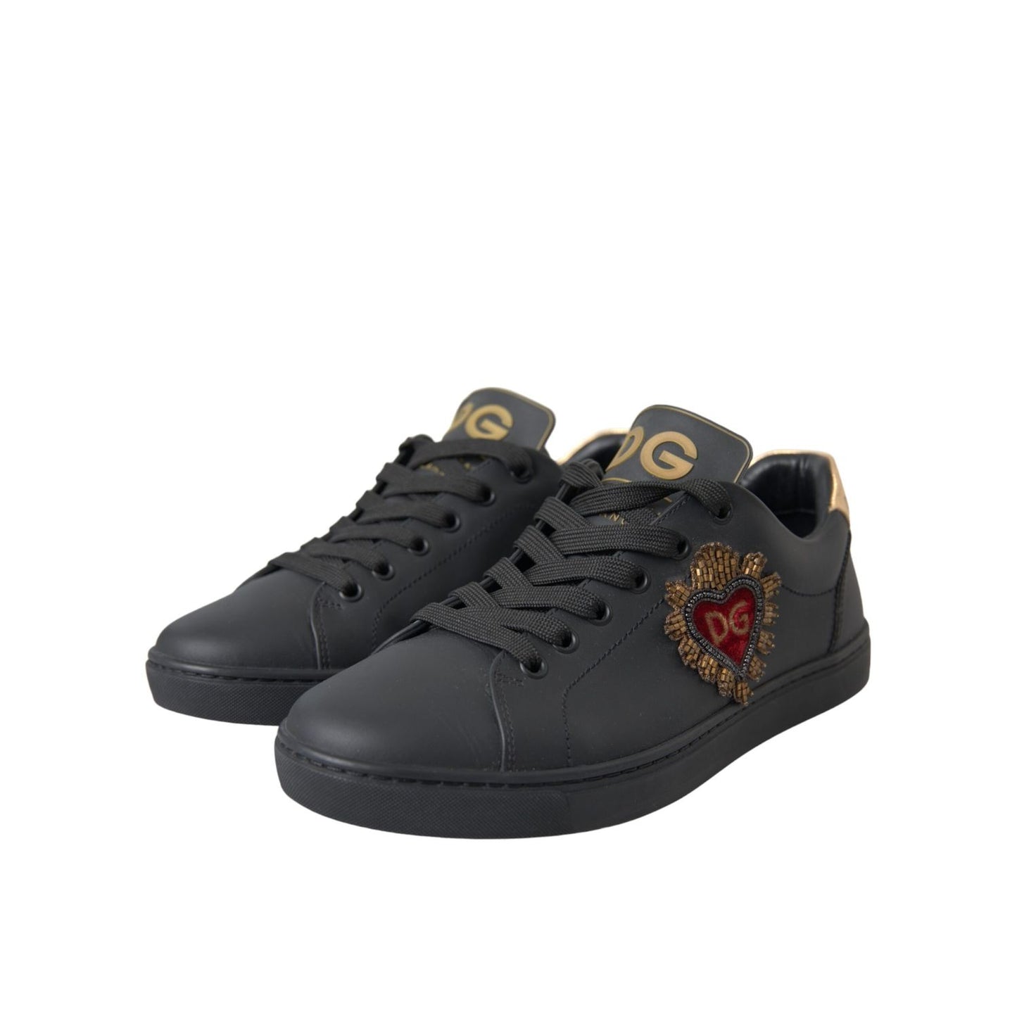 Dolce & Gabbana Black Leather Heart Embellished Sneakers Shoes