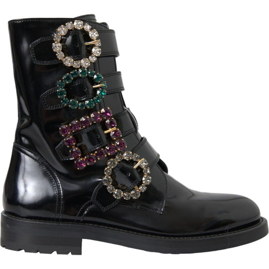 Dolce & Gabbana Black Leather Crystal Buckles Boots Shoes Dolce & Gabbana Dark Slate Gray