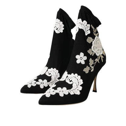Dolce & Gabbana Black White Embroidery Slip On Boots Shoes