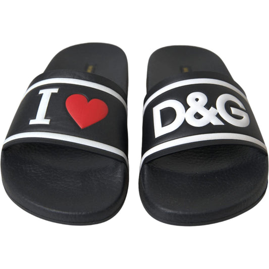 Dolce & Gabbana Black Leather I Love D&G Sandals Slides Shoes Dolce & Gabbana Dark Slate Gray