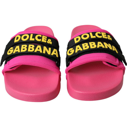 Dolce & Gabbana Pink Black Logo Beachwear Flats Sandals Shoes