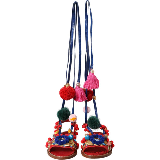 Dolce & Gabbana Multicolor Pom Pom Fur Wrap Sandals Shoes Dolce & Gabbana Dark Slate Gray