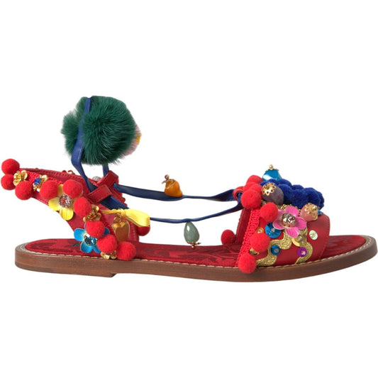 Dolce & Gabbana Multicolor Pom Pom Fur Wrap Sandals Shoes Dolce & Gabbana Sienna