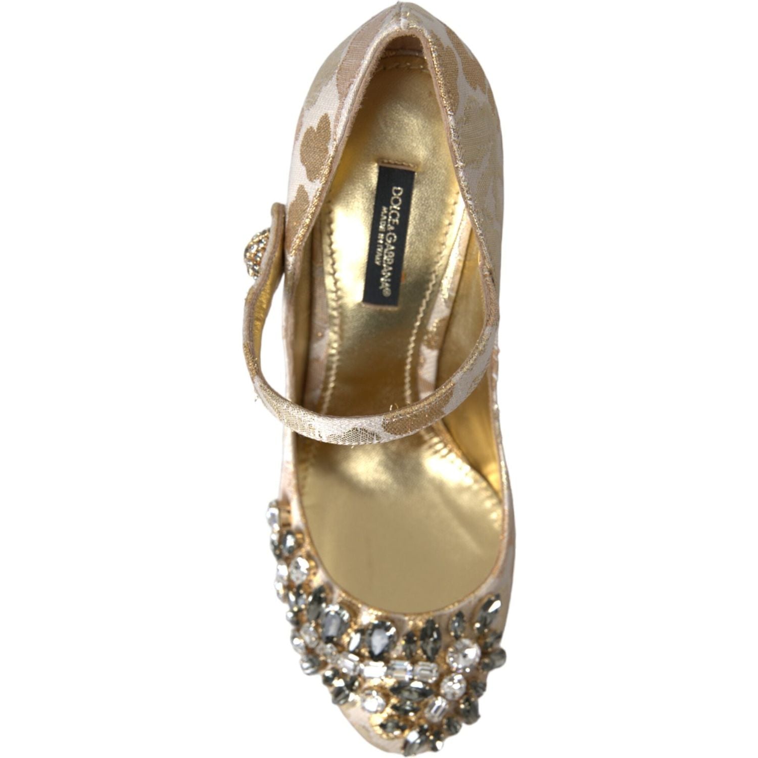 Dolce & Gabbana Gold Jacquard Crystal Mary Janes Pumps Shoes