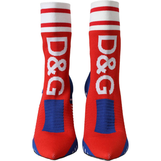 Dolce & Gabbana Red Blue Stretch Sock Style Short Boots Logo Shoes Dolce & Gabbana Firebrick