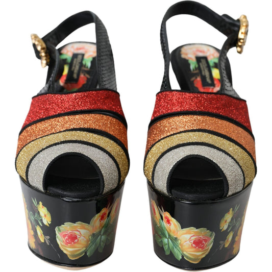 Dolce & Gabbana Multicolor Floral Crystal Platform Sandals Shoes Dolce & Gabbana Tan