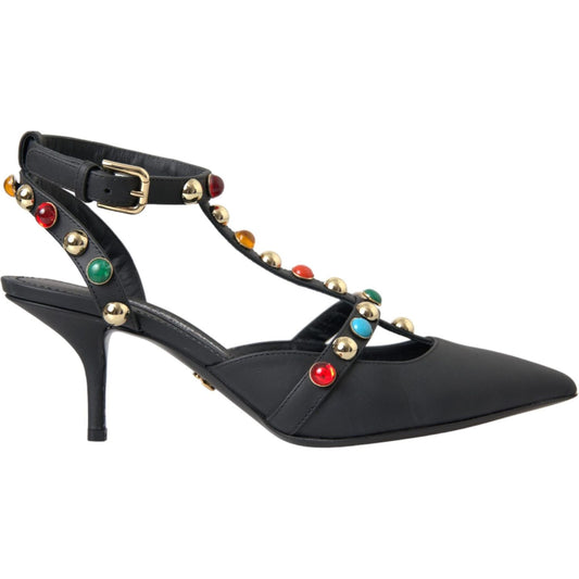 Dolce & Gabbana Black Leather Embellished Heels Sandal Shoes Dolce & Gabbana Dark Slate Gray